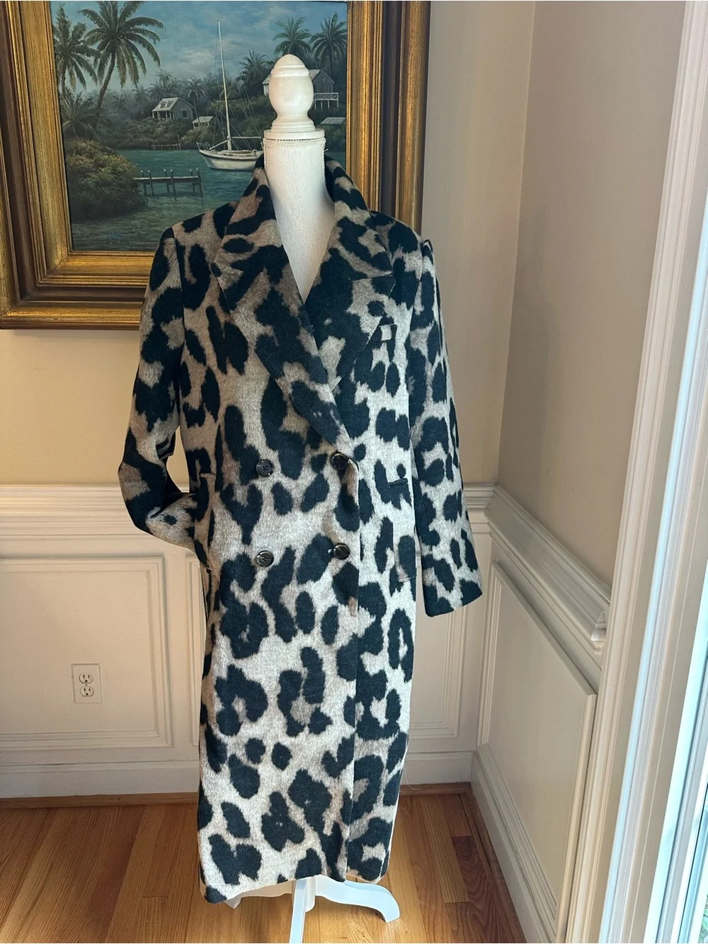 COMMENSE Wool Leopard Print Double Breasted Coat NWT